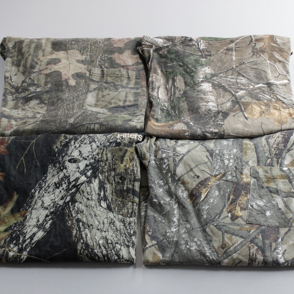 Lot of 4 Mens L Camo Long Sleeve Shirts Large Mossy Oak Realtree Hunting Pocket